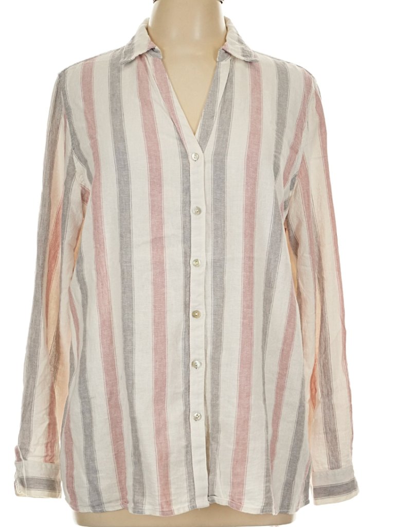 New With Tags Tahari Roll Tab Striped Linen Blend Pink/Gray/White Button Down M